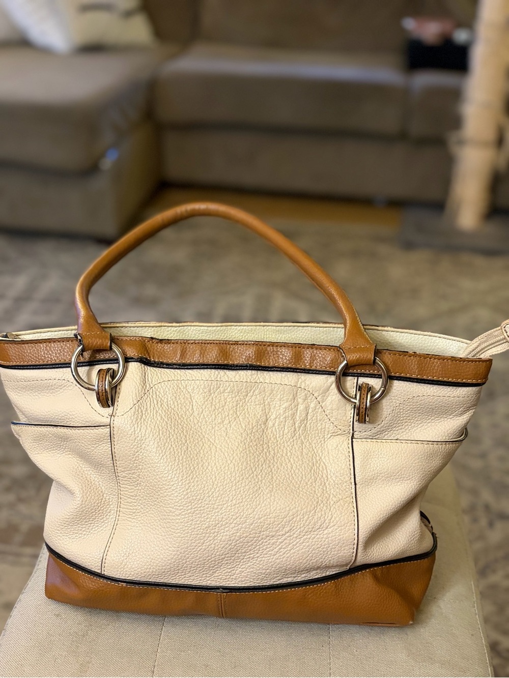 Tignanello Cream and Tan Two-Tone Leather Satchel